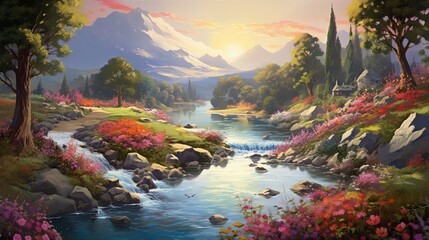 an enchanting portrayal of a riverbank covered in colorful blooming wildflowers