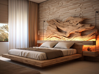 Contemporary Bedroom Oasis: A Modern Interior Design Marvel Featuring Natural Elements, Unique Shaped Canvas Art, Warm Color Palette, and Detailed Eco-Friendly Craftsmanship with Emphasis on Natural F