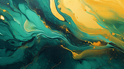 Fluid art texture design. Background with floral mixing paint effect. Mixed paints for posters or wallpapers. Gold and Emerald Green overflowing colors. Liquid acrylic picture that flows and splash