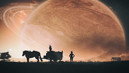3D rendering of a surreal silhouette of horse, wagon and rancher on a dusty planet with the ringed planet of Saturn rising like a sunrise in the background