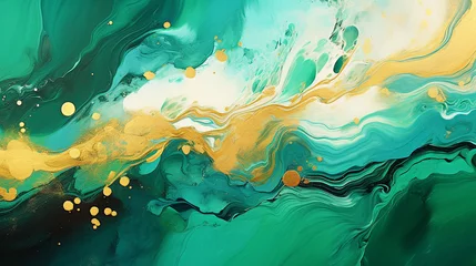 Foto op Aluminium Fluid art texture design. Background with floral mixing paint effect. Mixed paints for posters or wallpapers. Gold and Emerald Green overflowing colors. Liquid acrylic picture that flows and splash © Aura