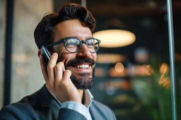 Smiling happy young bearded Latin business man executive or employee wearing eyeglasses holding cell phone making mobile call at work on cellphone standing in modern office. Close up, Generative AI  - obrazy, fototapety, plakaty