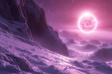 Fototapeta premium Rocky ice surface of planet against the background of purple star in space.