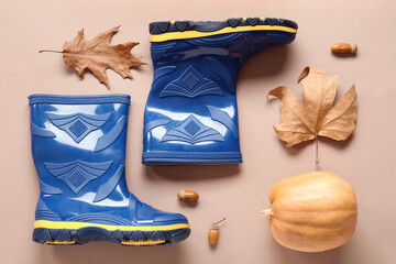 Blue gumboots with pumpkin, acorns and autumn leaves on brown background