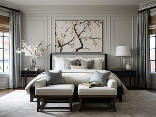 Experience Tranquility: A Glimpse into Transitional Interior Design in the Bedroom, Harmonizing Modern and Traditional Elements. Discover Elegance with Thoughtful Details, Muted Tones, and Seamless Bl