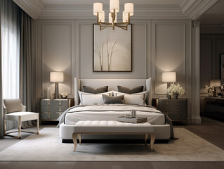 Embrace Tranquility: A Captivating Glimpse into Transitional Interior Design in this Stylish Bedroom. Experience the Seamless Fusion of Modern Elegance and Timeless Charm, Unveiling a Cozy Haven of So