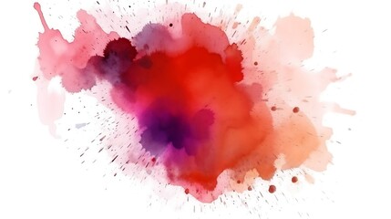 Abstract watercolor composition of ink splatters in blocks formed by red and purple hues isolated on white background. Brush stroked painting.