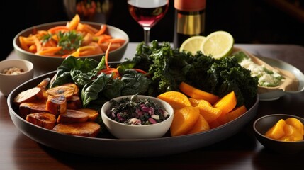 An exquisite display of Craft kombuchainfused cuisine, where a small plate holds a medley of colorful ingredients, such as roasted ernut squash, crisp kale, and tangy pickled carrots, complementing