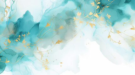 Watercolor Turquoise background with elements of gold splashes. Great for backgrounds, websites, postcards, invitations, banners, brochures, brochures. floral background with marble pattern