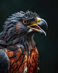 Fototapeta premium Angry pose of Crested Serpent Eagle on the dark background AI Generative