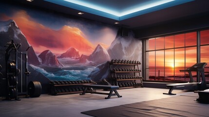 A dynamic home gym with a 3D wall mockup exhibiting motivational fitness-themed graphics.