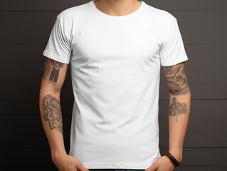 Man with tattoos wearing a white casual blank t-shirt mock up. Front view of a mockup t-shirt, no face - obrazy, fototapety, plakaty