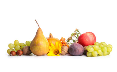 Different fresh fruits, nuts and berries on white background