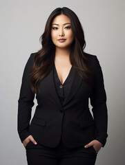 Asian Business Elegance: Plus-Size Woman in Professional Attire, Embracing Confidence on a Bright Background. Stylish and Empowering Image Celebrating Diversity and Inclusivity in Corporate Fashion. F