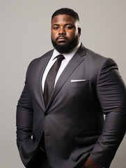 African Descent Businessman: Empowering Presence of a Plus-Size, Stylish Man in Business Suit, Radiating Confidence on a Bright Background. Diversity, Style, and Professionalism in One Striking Portra