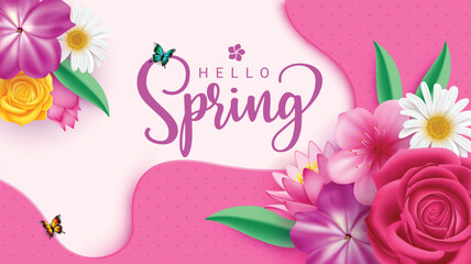 Spring text greeting vector design. Hello spring greeting card with beautiful and blooming flowers for seasonal background. Vector illustration spring season design.
