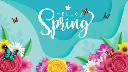 Hello spring text greeting vector design. Spring greeting card with blooming beautiful flowers and butterfly for seasonal background decoration. Vector illustration spring season greeting card.  © AmazeinDesign