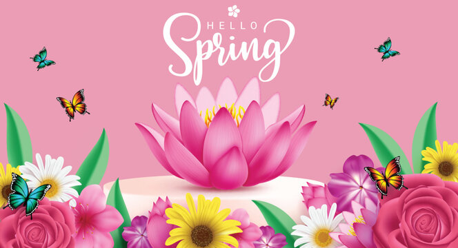 Hello spring text vector design. Spring greeting card with lotus flower in podium stage and beautiful blooming flowers decoration elements. Vector illustration spring season greetings. 
