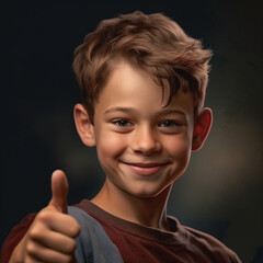 Joyful Smiles in Monochrome: Close-Up of a Cheerful Boy with Straight or Curly Hair, Gazing Directly at the Camera, Flashing a Thumbs-Up Gesture on a Solid Background