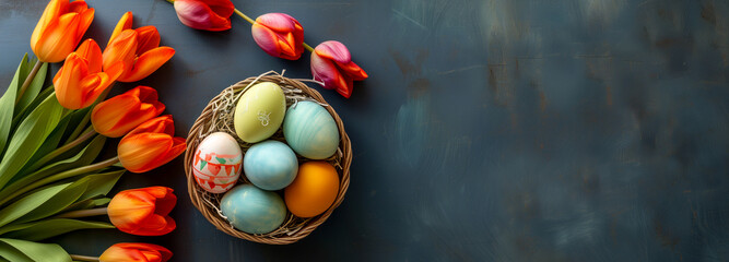 colorful easter eggs and orange tulips. Easter wallpaper - obrazy, fototapety, plakaty