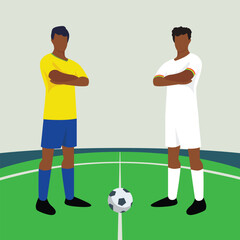 Match preview displaying two male footballers within a football field vector illustration. Brazil vs Ghana.