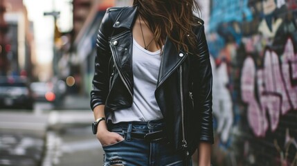 Channel your inner biker babe with a matte black leather jacket, crisp white tee, and ripped boyfriend jeans. - obrazy, fototapety, plakaty