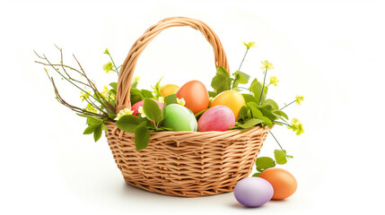 Easter basket with easter eggs and flowers on a white background