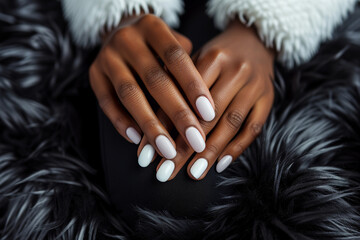 Hand of a black woman posing with white nail polish, to nail salon advertisement