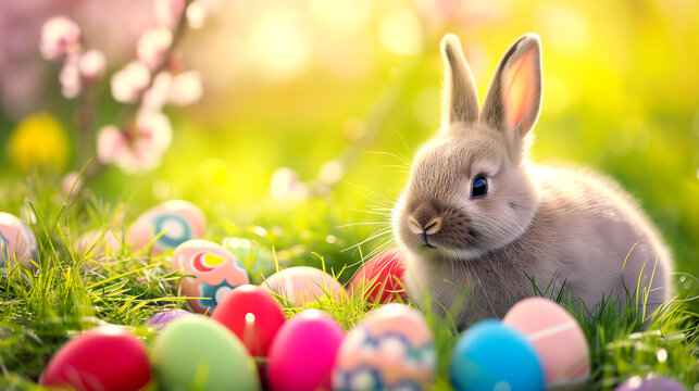 Easter wallpaper with a bunny and easter eggs. 