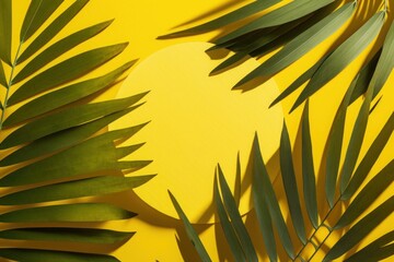 Fototapeta na wymiar Celebrate the arrival of summer with this colorful flat lay photo featuring green palm leaves on a sunny yellow background, ideal for adding message or, Generative AI 