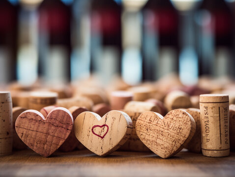 Heartfelt Cheers: Wine Corks Shaped Like Hearts Against a Blurred Background of Wine Bottles. Mood-Boosting, Inspirational Visual with a Warm Atmosphere. Perfect for Backgrounds and Positive Vibes
