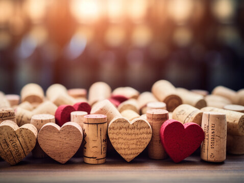 Heartfelt Joy: Wine Corks Shaped like Hearts Against a Blurred Wine Bottle Background. Elevated Mood and Inspiration in a Captivating Photo. Atmosphere and Romance in Every Cork. Background Photograph