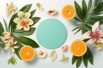 A taste of summer paradise. Top view flat lay of alstroemeria flowers with citrus slices and palm leaves on a white background with an empty teal circle for text, Generative AI 