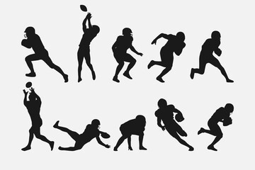 set of silhouettes of american football player with different pose, gesture. isolated on white background. vector illustration.