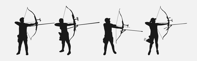 set of silhouettes of archery athletes with different poses, gestures. isolated on white background. vector illustration. - obrazy, fototapety, plakaty