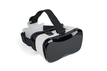 Black and white VR glasses isolated on a white background. A popular virtual reality gadget.