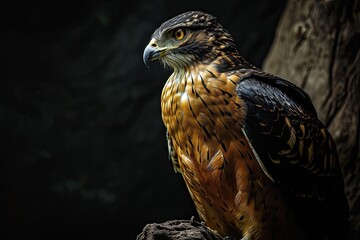 Naklejka premium Right side view of Crested Serpent Eagle standing on old log AI Generative