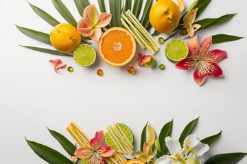 Vibrant summer fruit and flower concept. Top view flat lay of alstroemeria blooms with citrus slices and palm leaves on white background with space for text, Generative AI 