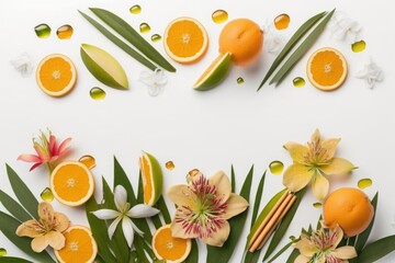 Vibrant summer fruit and flower concept. Top view flat lay of alstroemeria blooms with citrus slices and palm leaves on white background with space for text, Generative AI 