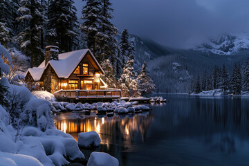 a beautiful cabin on the shore of a lake in the winter snow