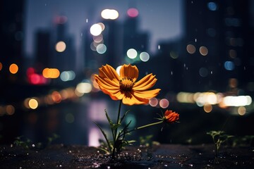 City Lights and Petals: Contrast nature with urban elements.
