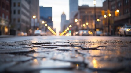 Wet cobblestone pavement in the city at sunset, blurred background