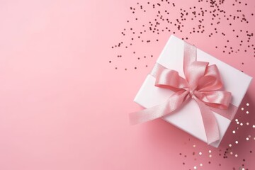 Top view photo of st valentine's day decorations white gift box with bow pink curly ribbon and sequins on isolated pastel pink background with, Generative AI 