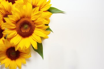 Flat lay of yellow sunflower flowers on white background isolated. Top view.
