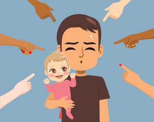 Dad blaming and shaming dad vector cartoon illustration. Parent being judged by strangers for raising his baby
