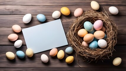 Easter card mockup, painted eggs in a nest on a wooden table, and a happy Easter. upper view with area for copy.