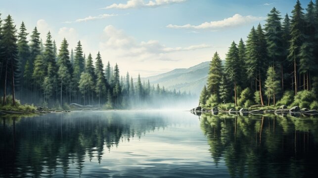 an image of a serene lake reflecting the surrounding forest in its calm waters
