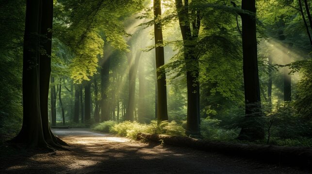 an image of a serene woodland with sunlight streaming through the canopy of trees