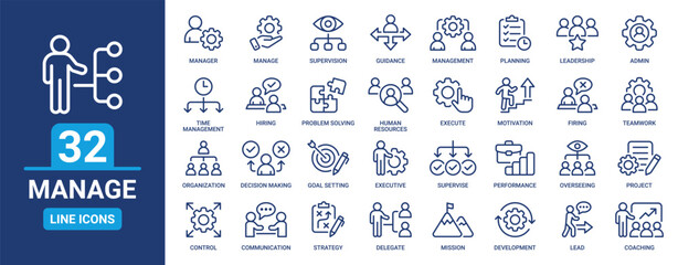 Manage icon set. Containing management, project, supervision, leadership, admin, teamwork, planning, manager and more. Outline vector icons collection. - obrazy, fototapety, plakaty