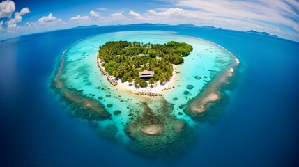 an image of a solitary island embraced by turquoise waters and surrounded by coral reefs
